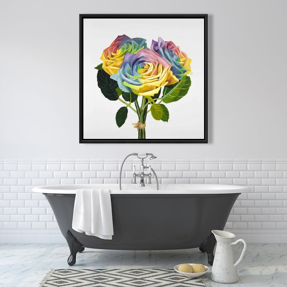 Bouquet of Rainbow Roses | Yellow Framed Canvas - Home Decor