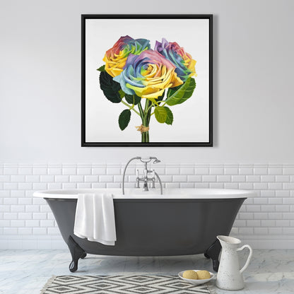 Bouquet of Rainbow Roses | Yellow Framed Canvas - Home Decor