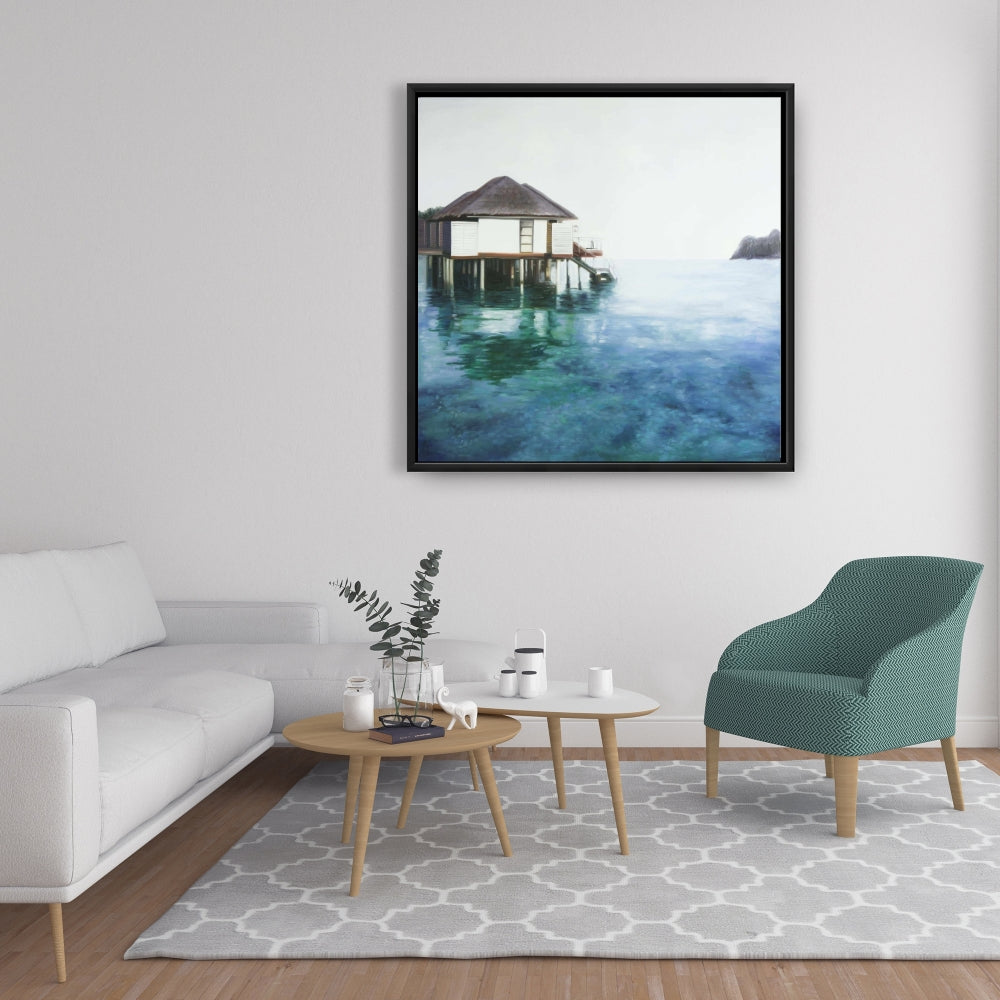 Toile encadrée « Dream Travel » turquoise pour salle de bain côtière