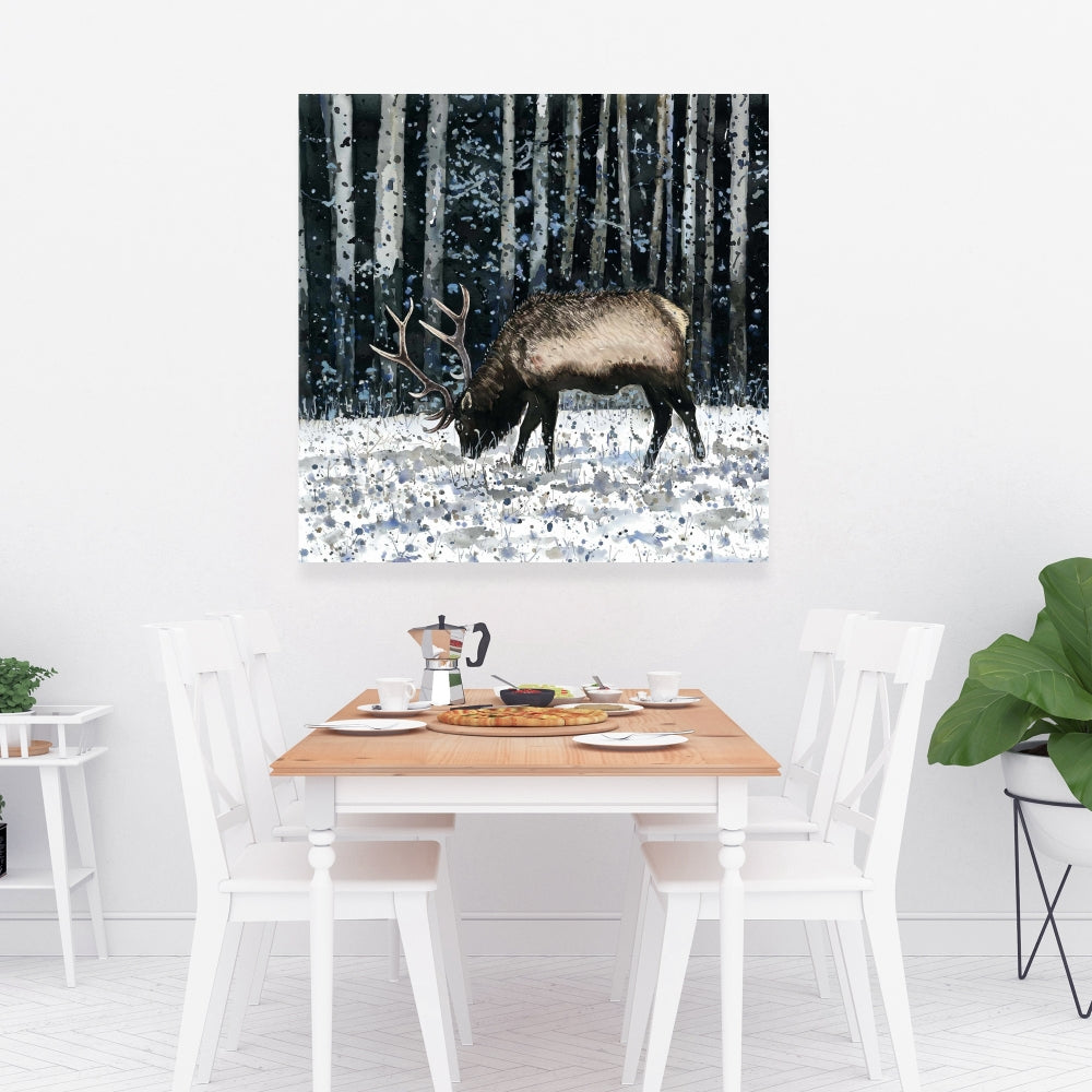 Caribou in Winter Forest Canvas - Blue Trees Bedroom Decor