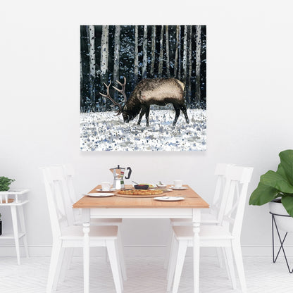 Caribou in Winter Forest Canvas - Blue Trees Bedroom Decor