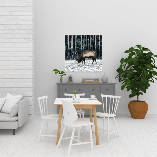 Caribou in Winter Forest Canvas - Blue Trees Bedroom Decor