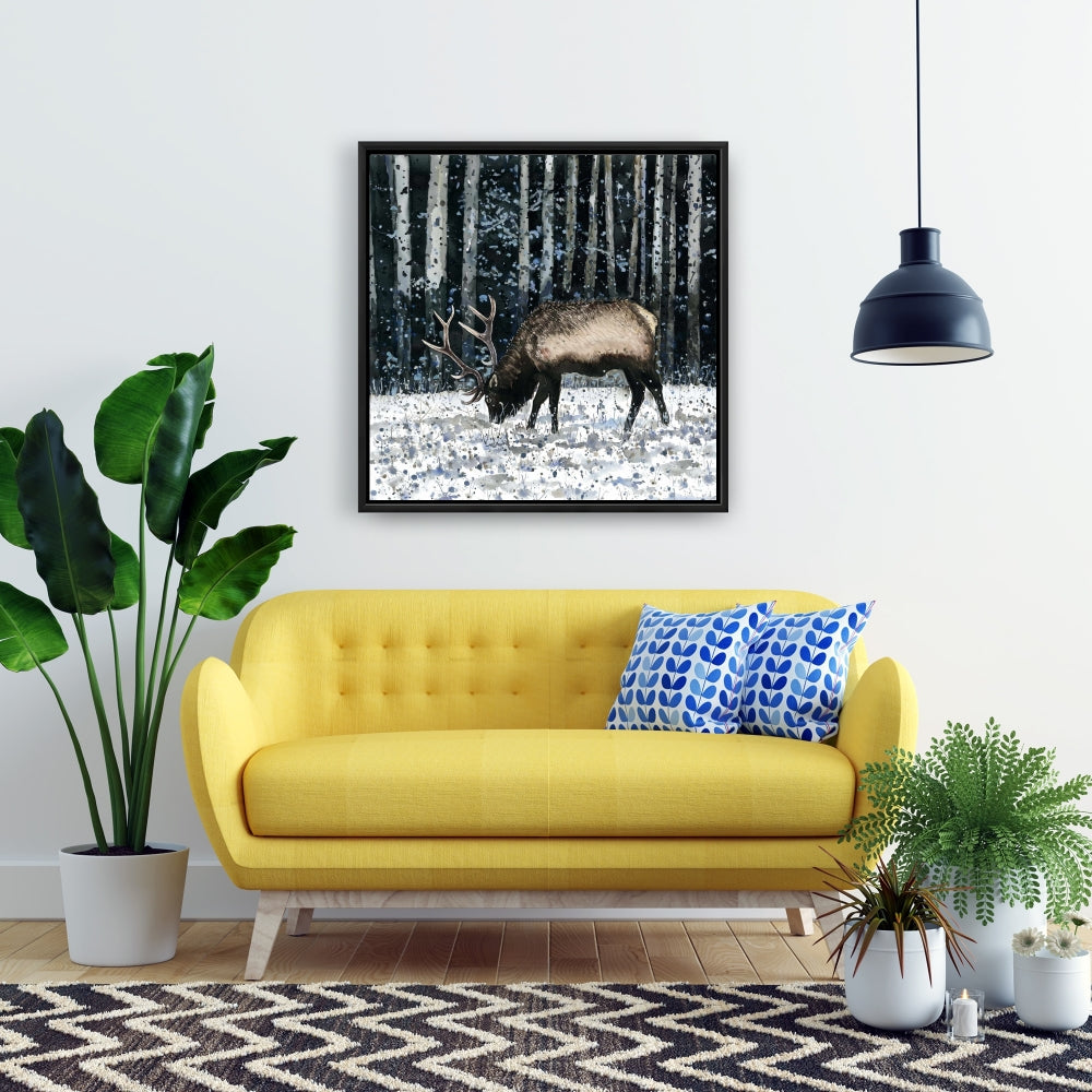 Rustic Blue Bedroom Canvas | Caribou in Winter Forest Decor