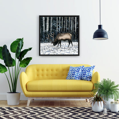 Rustic Blue Bedroom Canvas | Caribou in Winter Forest Decor