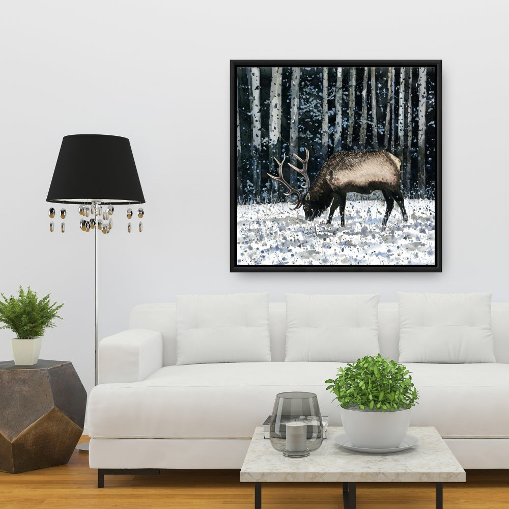 Rustic Blue Bedroom Canvas | Caribou in Winter Forest Decor