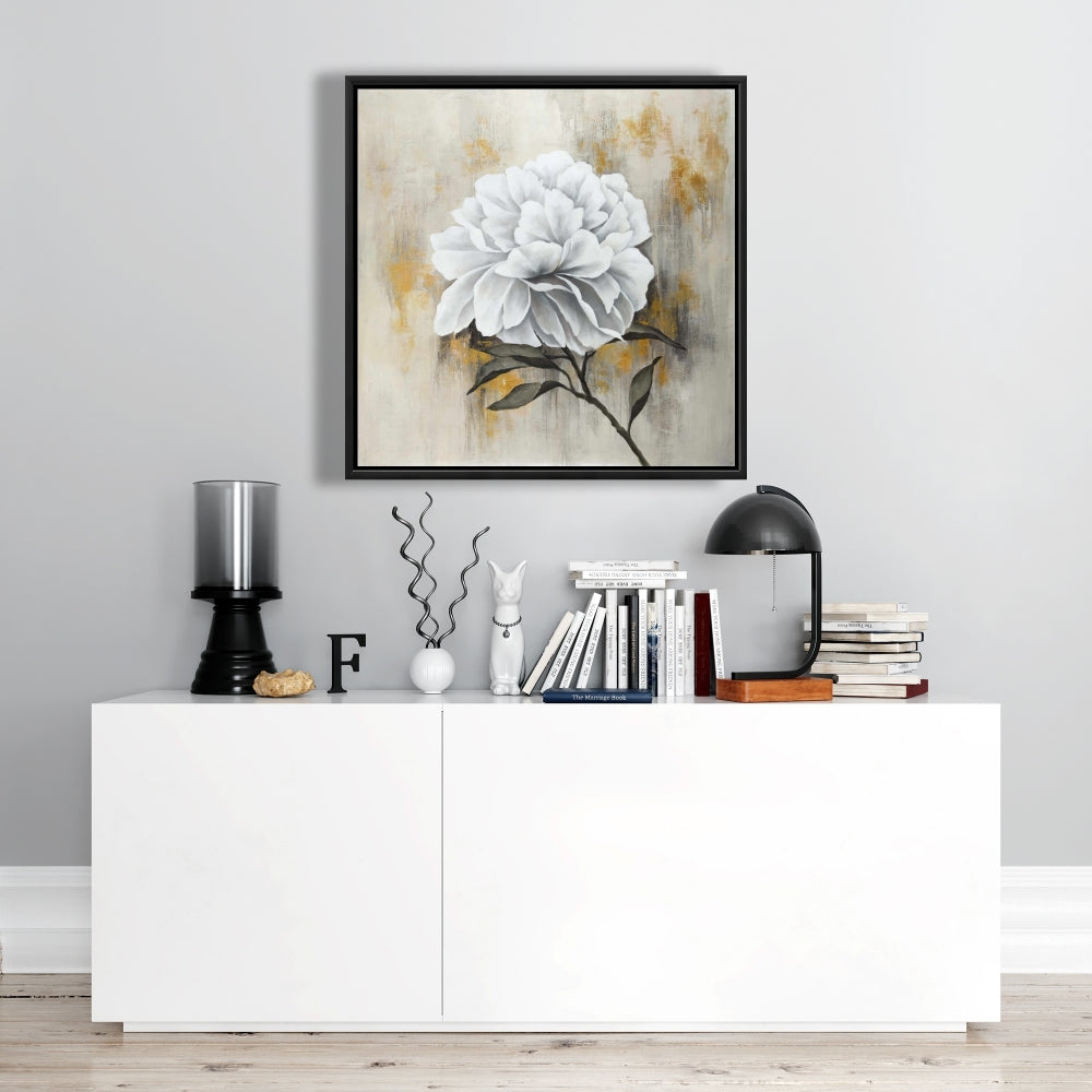 White Peony Floral Canvas - Botanical Living Room Decor