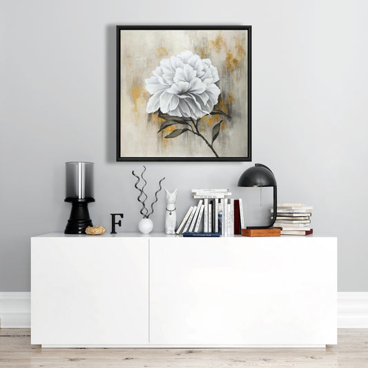 White Peony Floral Canvas - Botanical Living Room Decor