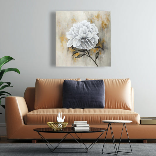 White Peony Canvas | Rustic Floral Living Room Wall Art Decor