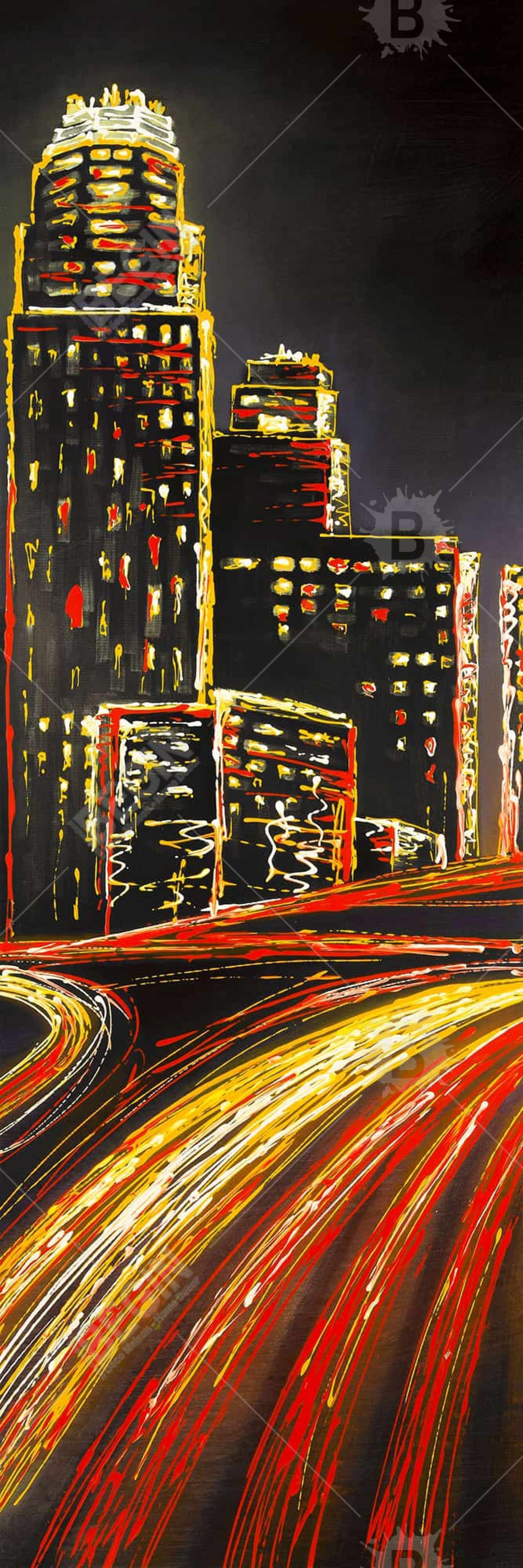 Ville animée la nuit | Toile encadrée jaune | Décoration d'intérieur