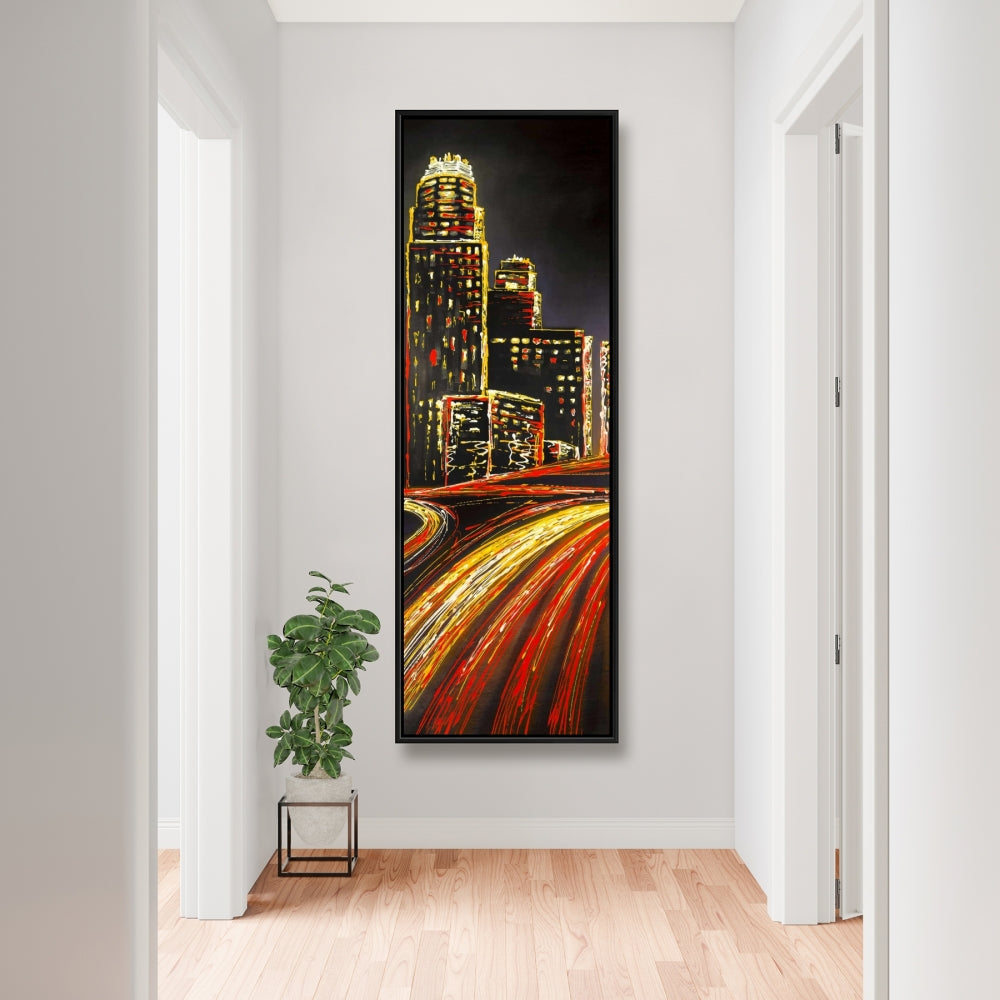 Ville animée la nuit | Toile encadrée jaune | Décoration d'intérieur