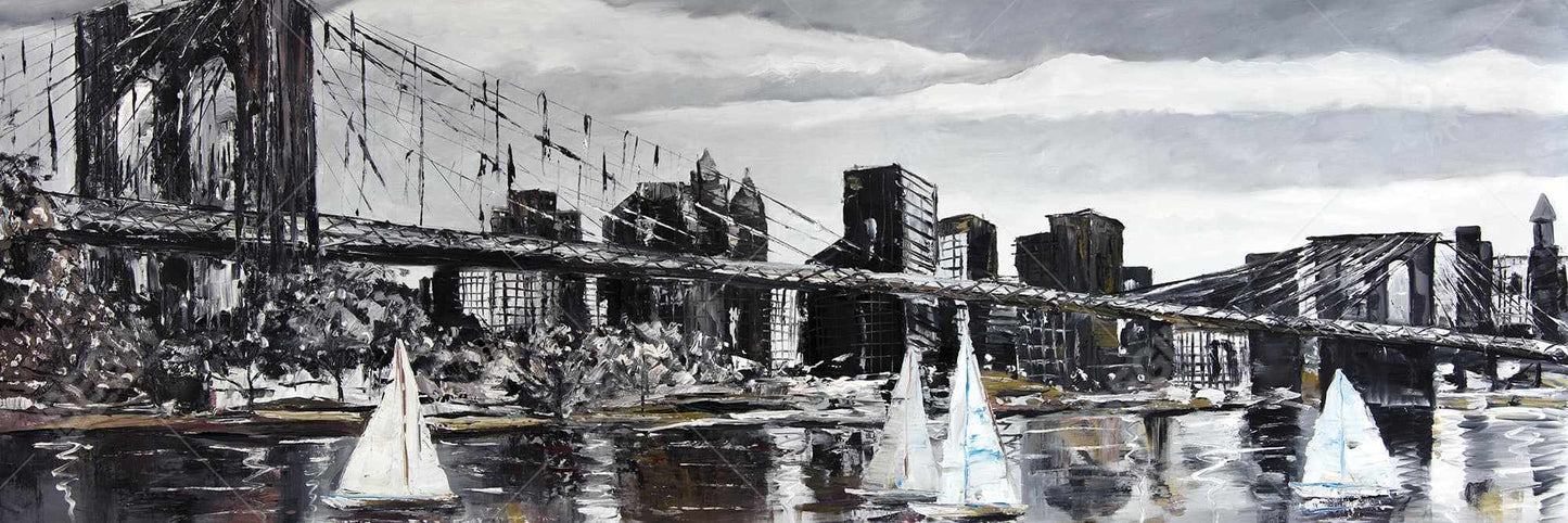 Toile « Voiliers du pont de Brooklyn » | Décoration de salon « Villes grises »