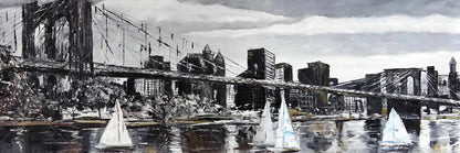 Toile « Voiliers du pont de Brooklyn » | Décoration de salon « Villes grises »
