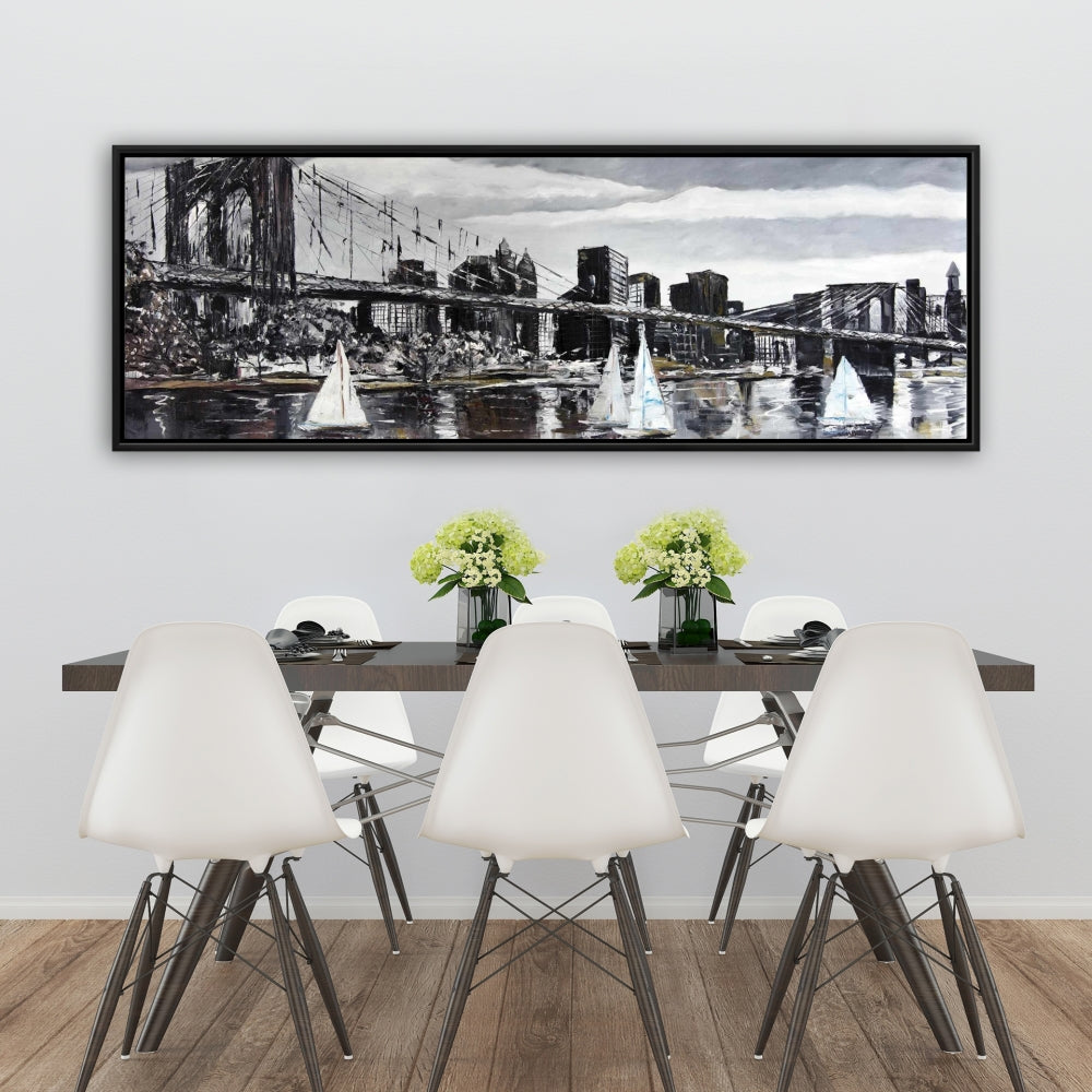 Toile « Voiliers du pont de Brooklyn » | Décoration de salon « Villes grises »