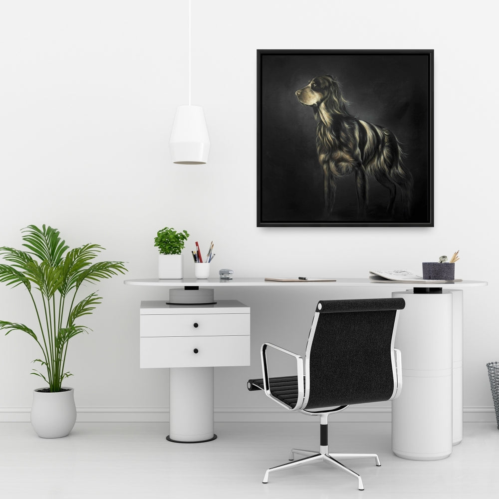 Toile encadrée marron représentant un épagneul picard