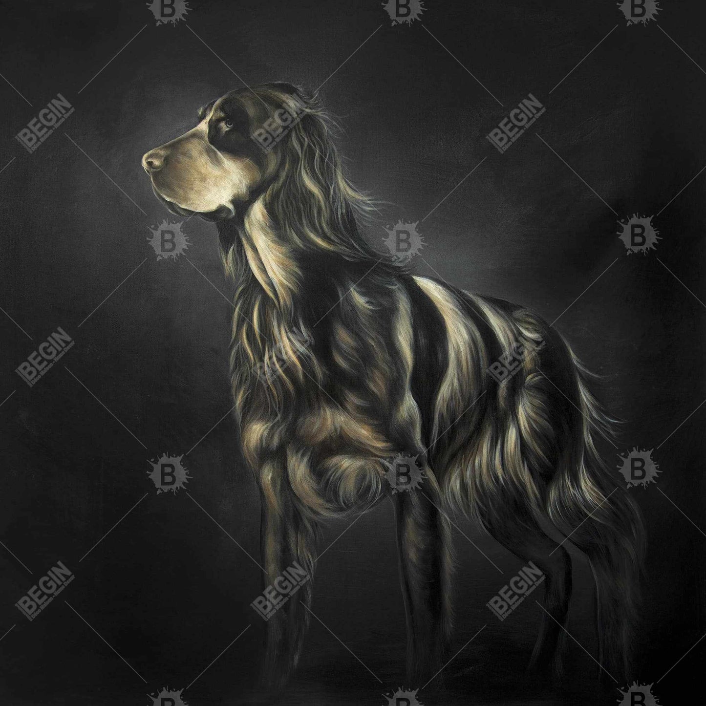 Toile encadrée marron représentant un épagneul picard