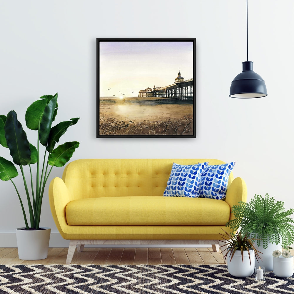 Toile « Coucher de soleil à la plage » | Cadre beige | Décoration d'intérieur