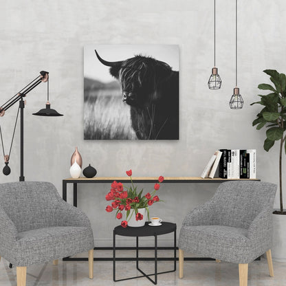 Beautiful Monochrome Highland Cow Canvas | Bedroom Farm Decor