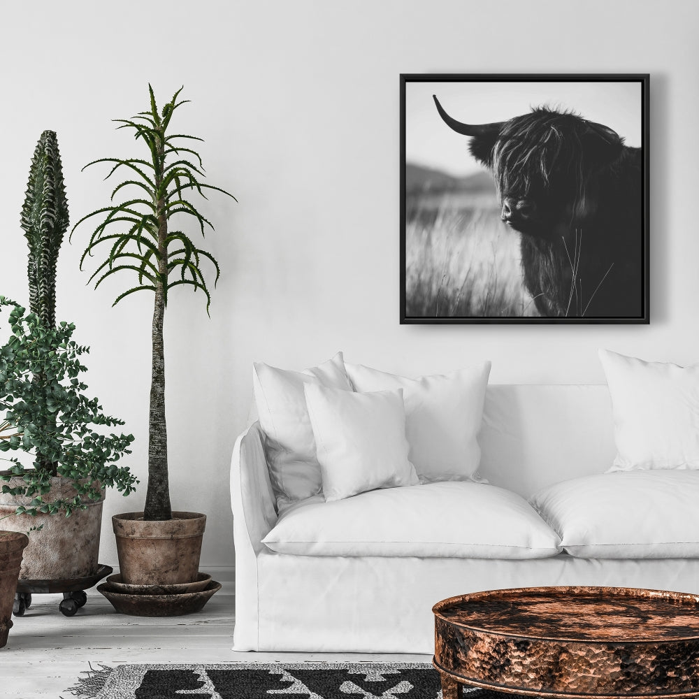 Magnifique toile représentant une vache des Highlands | Décoration de chambre monochrome