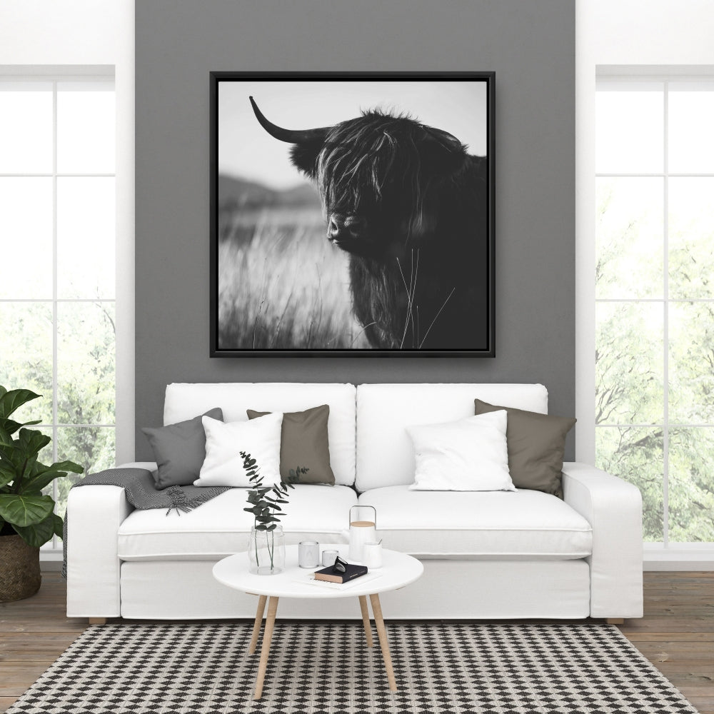 Magnifique toile représentant une vache des Highlands | Décoration de chambre monochrome