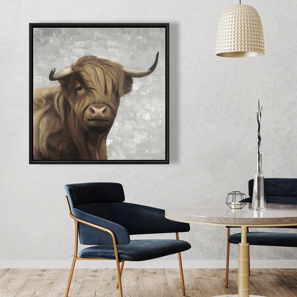 Toile encadrée désaturée représentant un bétail des Highlands | Décoration d'intérieur