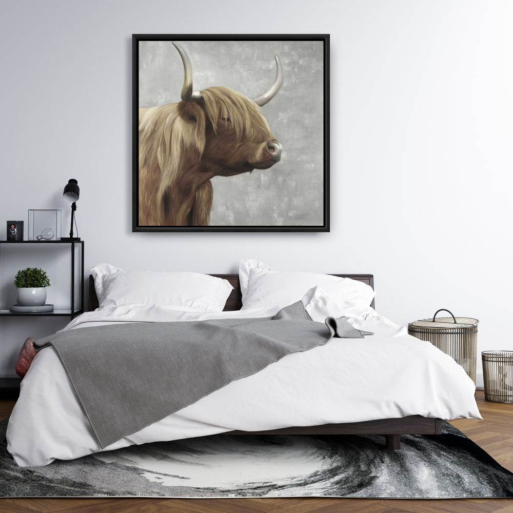 Toile encadrée désaturée représentant un bétail des Highlands | Décoration d'intérieur