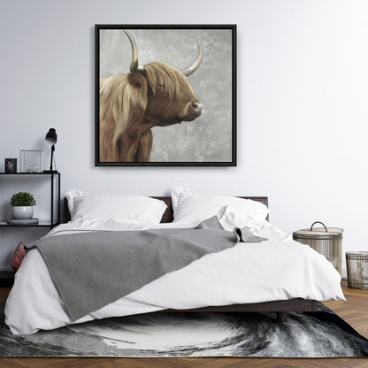 Toile encadrée désaturée représentant un bétail des Highlands | Décoration d'intérieur