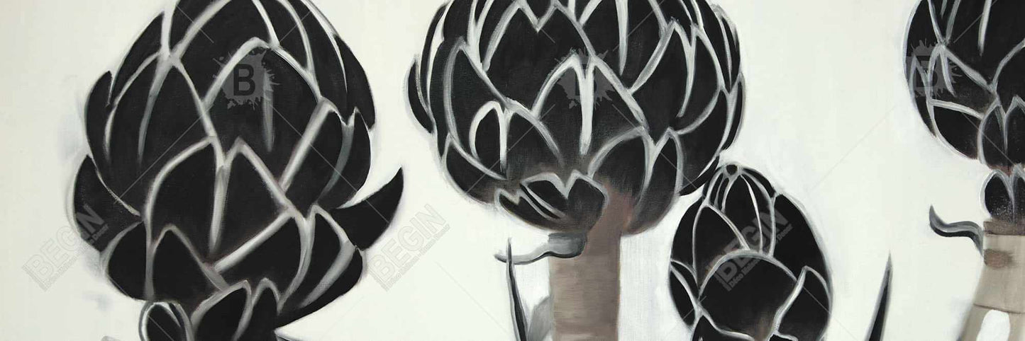 Toile Artichauts - Décoration florale et botanique de cuisine avec cadre noir