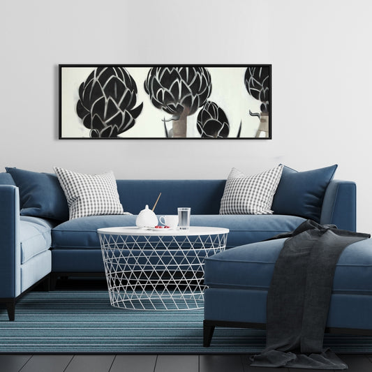 Toile Artichauts - Décoration florale et botanique de cuisine avec cadre noir