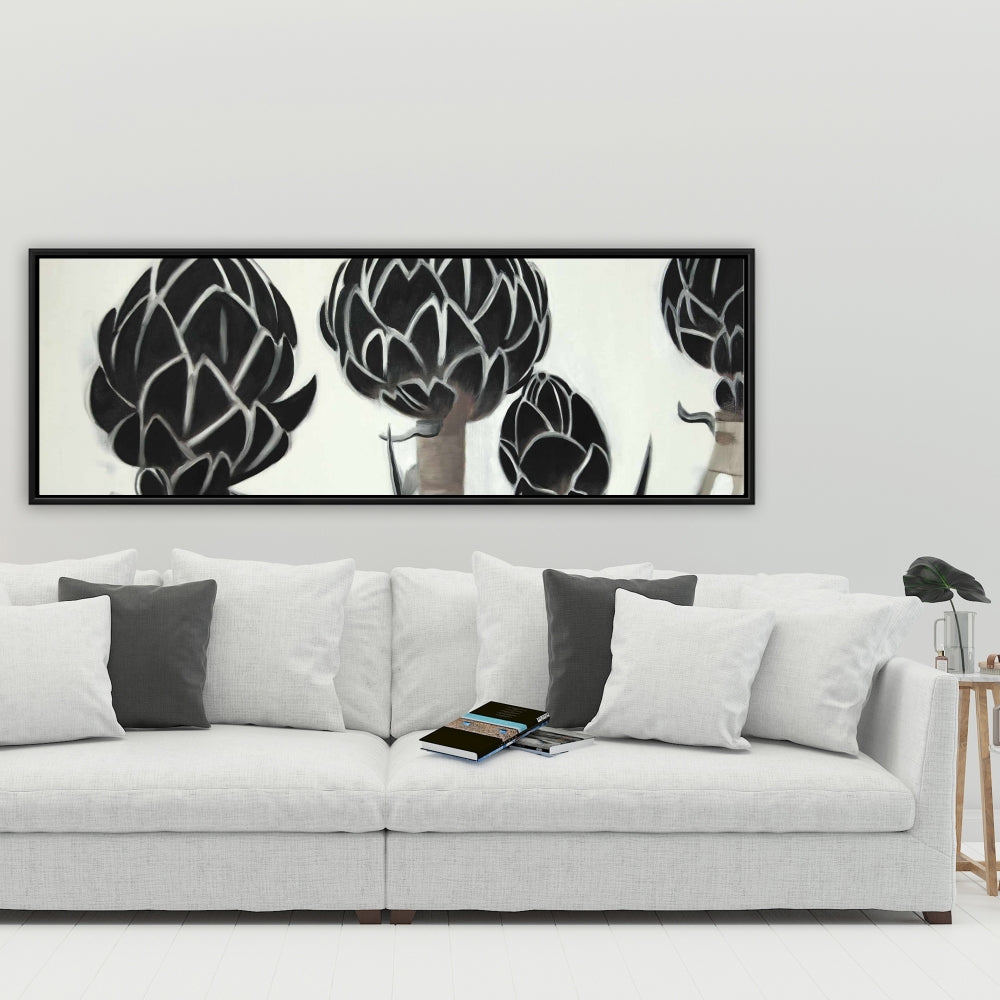 Toile Artichauts - Décoration florale et botanique de cuisine avec cadre noir