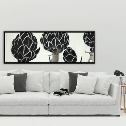 Toile Artichauts - Décoration florale et botanique de cuisine avec cadre noir