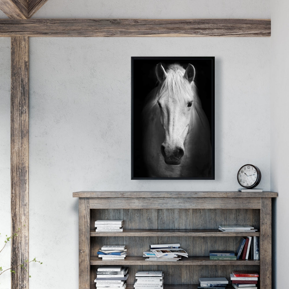 Toile encadrée Cheval monochrome | Décor animaux de la ferme blancs