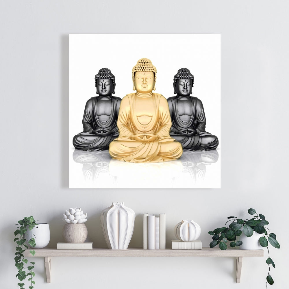 Trio of Buddhas Ethnic White Shapes Canvas | Home Decor Art