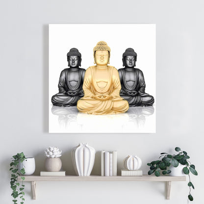 Trio of Buddhas Ethnic White Shapes Canvas | Home Decor Art