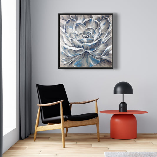 Toile encadrée à motif de fleurs botaniques bleues, grises et bleues, décoration d'intérieur