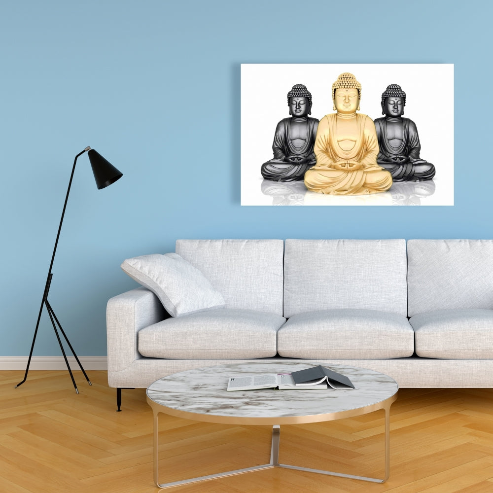Trio of Buddhas Ethnic White Shapes Canvas | Home Decor Art