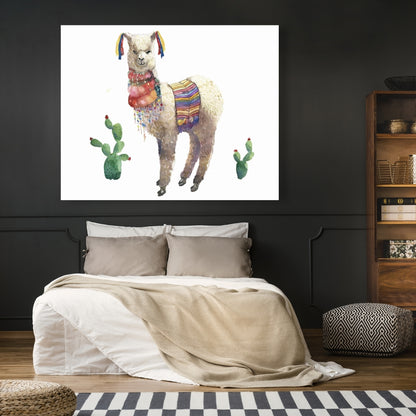 Toile rouge Lama Parade – Décoration de chambre à coucher avec animaux de la ferme