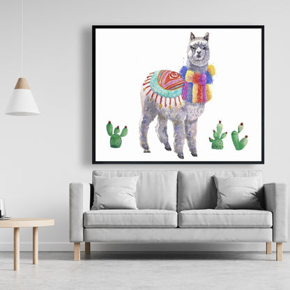 Toile encadrée représentant un lama péruvien traditionnel | Décoration d'animaux de la ferme