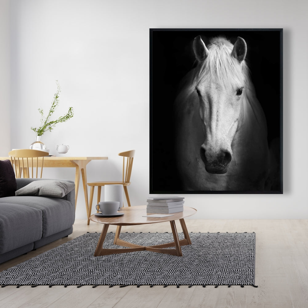 Toile encadrée Cheval monochrome | Décor animaux de la ferme blancs