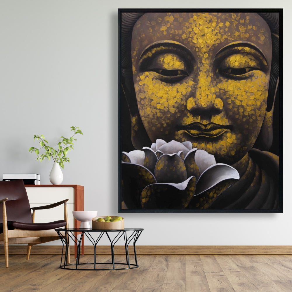 Toile encadrée représentant Bouddha et Lotus – Décoration intérieure spirituelle