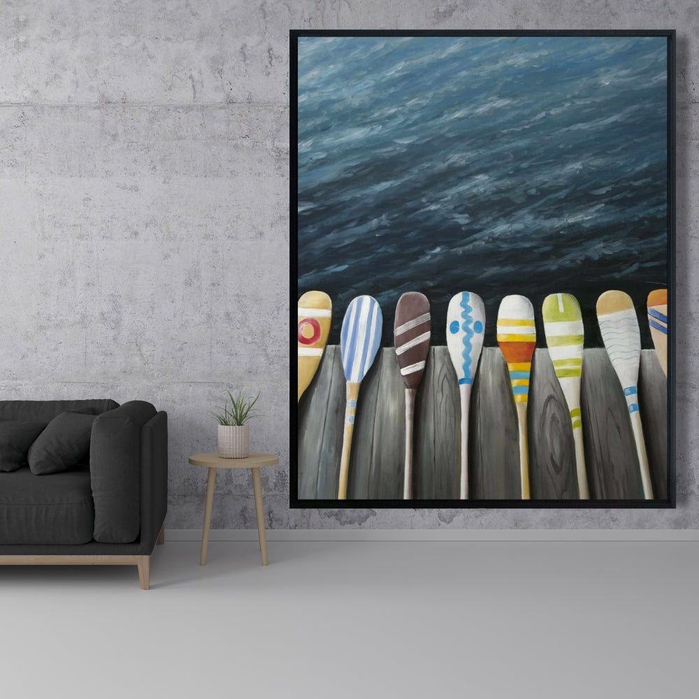 Pagaies colorées sur le quai - Toile de loisirs pour salle de bain bleue