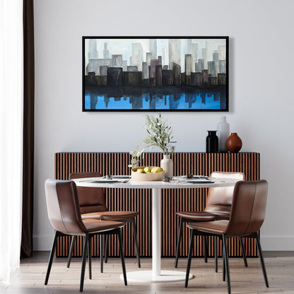 Toile « Vue sur la ville bleue » | Décoration murale contemporaine encadrée