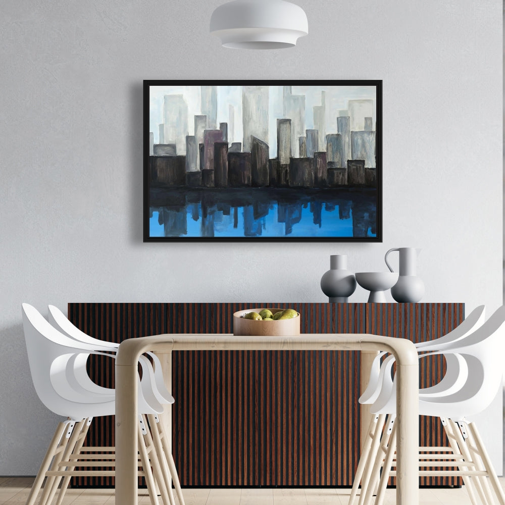 Toile « Vue sur la ville bleue » | Décoration murale contemporaine encadrée