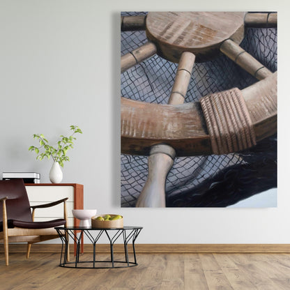 Helm on Fishing Net Canvas | Marine Bedroom Decor - Boat Art