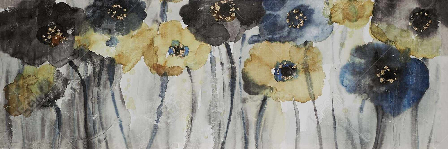 Fleurs grises, bleues et jaunes | Toile encadrée botanique