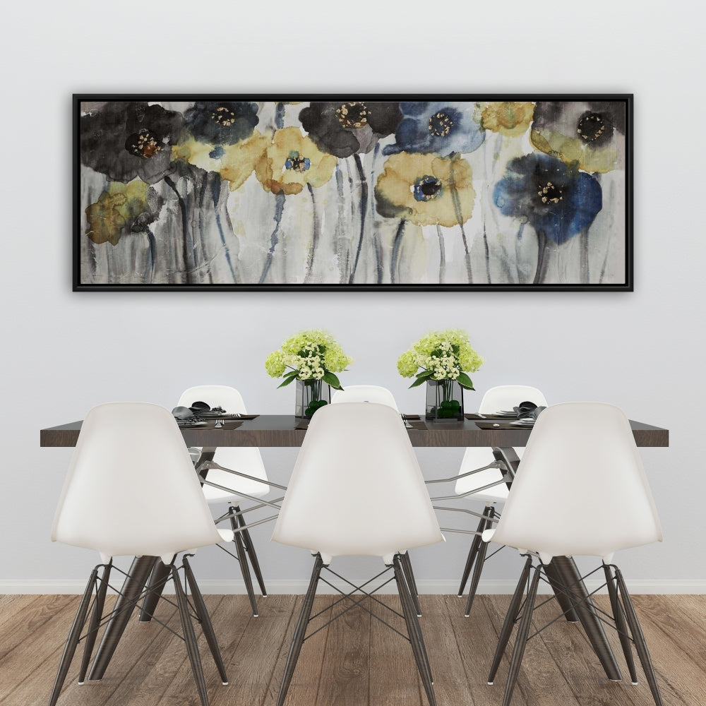 Fleurs grises, bleues et jaunes | Toile encadrée botanique