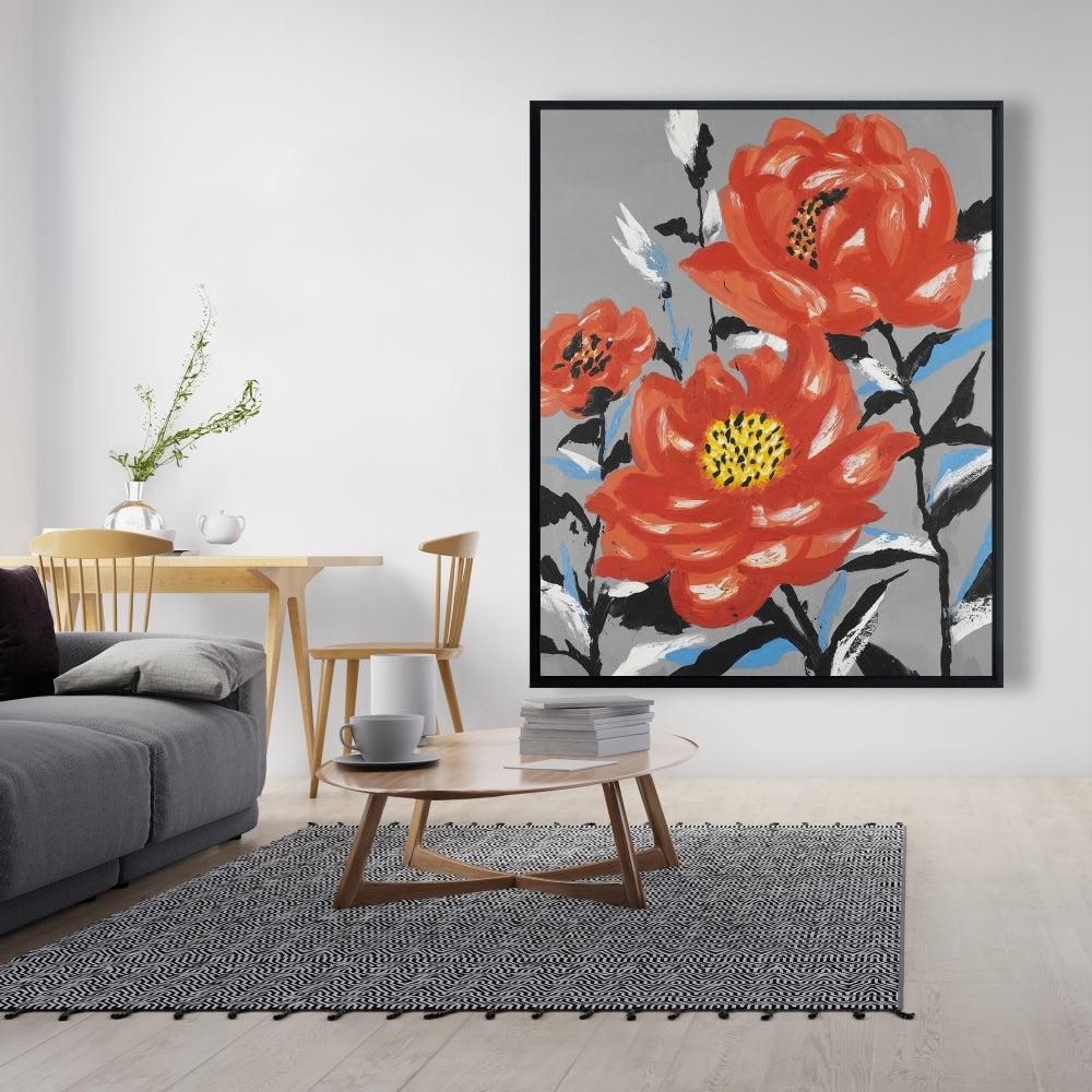 Gray Floral Canvas | Three Pink Flowers, Framed Wall Art