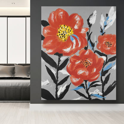 Botanical Gray Canvas - Pink Flowers with Blue Leaves Decor