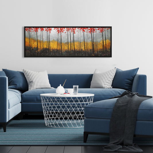 Toile abstraite avec arbres et paysage | Décoration de chambre encadrée grise