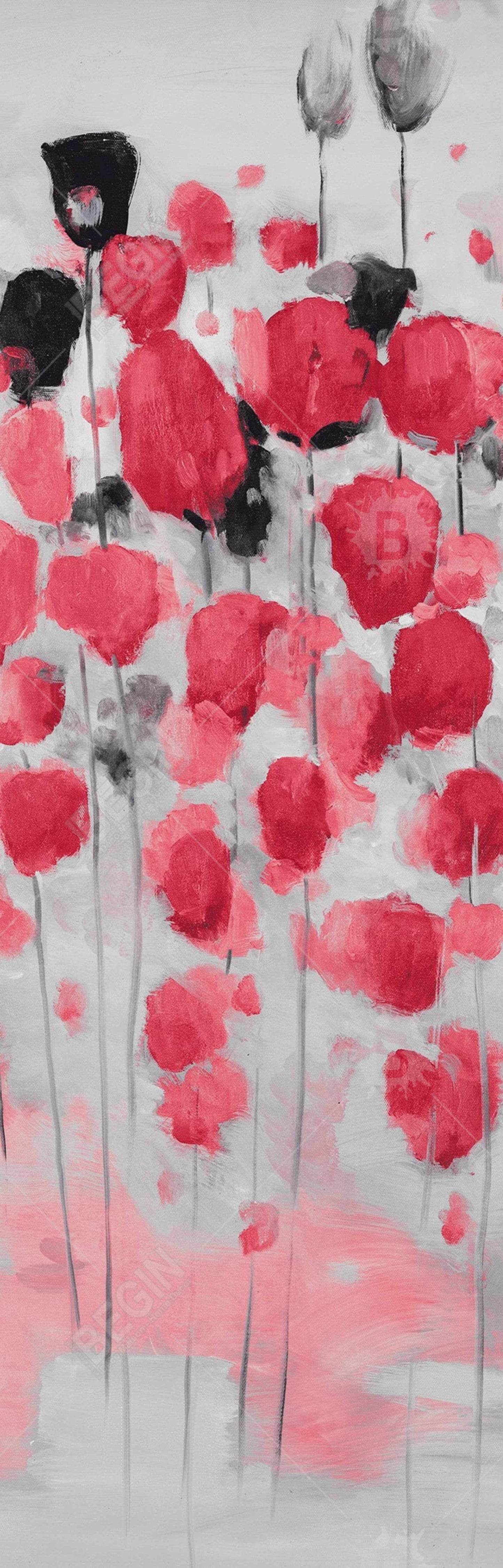 Toile encadrée abstraite de fleurs roses - Décoration d'intérieur grise