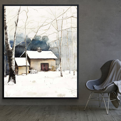 Rustic Bedroom Canvas - Small Winter Barn Trees Framed Decor